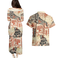 Hawaii Couples Matching Puletasi Dress and Hawaiian Shirt Aloha Tribal Pattern Beige Version LT9 - Polynesian Pride
