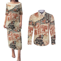 Hawaii Couples Matching Puletasi Dress and Long Sleeve Button Shirt Aloha Tribal Pattern Beige Version LT9 Beige - Polynesian Pride