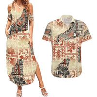 Hawaii Couples Matching Summer Maxi Dress and Hawaiian Shirt Aloha Tribal Pattern Beige Version LT9 Beige - Polynesian Pride