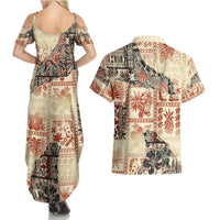 Hawaii Couples Matching Summer Maxi Dress and Hawaiian Shirt Aloha Tribal Pattern Beige Version LT9 - Polynesian Pride