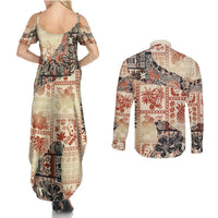 Hawaii Couples Matching Summer Maxi Dress and Long Sleeve Button Shirt Aloha Tribal Pattern Beige Version LT9 - Polynesian Pride