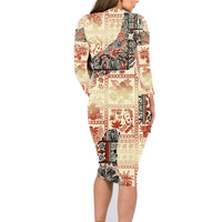 Hawaii Family Matching Long Sleeve Bodycon Dress and Hawaiian Shirt Aloha Tribal Pattern Beige Version LT9 - Polynesian Pride