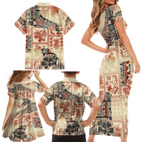 Hawaii Family Matching Short Sleeve Bodycon Dress and Hawaiian Shirt Aloha Tribal Pattern Beige Version LT9 - Polynesian Pride