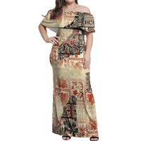 Hawaii Off Shoulder Maxi Dress Aloha Tribal Pattern Beige Version LT9 Women Beige - Polynesian Pride