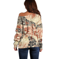 Hawaii Off Shoulder Sweater Aloha Tribal Pattern Beige Version LT9 - Polynesian Pride