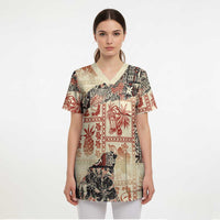 Hawaii Beige Version Scrub Top Aloha Tribal Pattern LT9 - Polynesian Pride