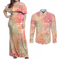 Hawaii Couples Matching Off Shoulder Maxi Dress and Long Sleeve Button Shirt Aloha Tribal Pattern Sweat Pink Ombre LT9 Pink - Polynesian Pride