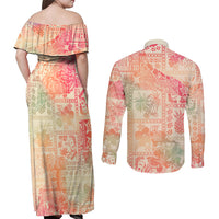 Hawaii Couples Matching Off Shoulder Maxi Dress and Long Sleeve Button Shirt Aloha Tribal Pattern Sweat Pink Ombre LT9 - Polynesian Pride