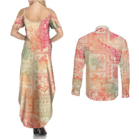 Hawaii Couples Matching Summer Maxi Dress and Long Sleeve Button Shirt Aloha Tribal Pattern Sweat Pink Ombre LT9 - Polynesian Pride