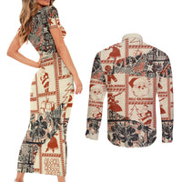 Aloha Hawaii Christmas Couples Matching Short Sleeve Bodycon Dress and Long Sleeve Button Shirt Mele Kalikimaka Tapa Tribal Retro Style LT9 - Polynesian Pride