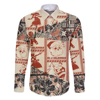 Aloha Hawaii Christmas Family Matching Tank Maxi Dress and Hawaiian Shirt Mele Kalikimaka Tapa Tribal Retro Style LT9 Dad's Shirt - Long Sleeve Beige - Polynesian Pride