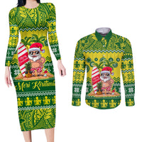Cook Islands Christmas Couples Matching Long Sleeve Bodycon Dress and Long Sleeve Button Shirt Santa Beach Meri Kiritimiti LT9 Green - Polynesian Pride