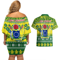 Cook Islands Christmas Couples Matching Off Shoulder Short Dress and Hawaiian Shirt Santa Beach Meri Kiritimiti LT9 - Polynesian Pride