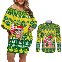 Cook Islands Christmas Couples Matching Off Shoulder Short Dress and Long Sleeve Button Shirt Santa Beach Meri Kiritimiti LT9 Green - Polynesian Pride