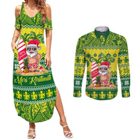 Cook Islands Christmas Couples Matching Summer Maxi Dress and Long Sleeve Button Shirt Santa Beach Meri Kiritimiti LT9 Green - Polynesian Pride