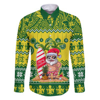 Cook Islands Christmas Family Matching Long Sleeve Bodycon Dress and Hawaiian Shirt Santa Beach Meri Kiritimiti LT9 Dad's Shirt - Long Sleeve Green - Polynesian Pride