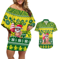 Personalised Cook Islands Christmas Couples Matching Off Shoulder Short Dress and Hawaiian Shirt Santa Beach Meri Kiritimiti LT9 Green - Polynesian Pride