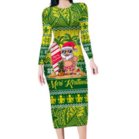 Personalised Cook Islands Christmas Long Sleeve Bodycon Dress Santa Beach Meri Kiritimiti LT9 Long Dress Green - Polynesian Pride