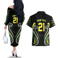 Custom Rugby Cook Islands Avaiki Couples Matching Off The Shoulder Long Sleeve Dress and Hawaiian Shirt Black Kuki Airani Tribal Maori Inspired - Polynesian Pride
