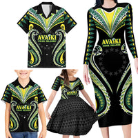 Custom Rugby Cook Islands Avaiki Family Matching Long Sleeve Bodycon Dress and Hawaiian Shirt Black Kuki Airani Tribal Maori Inspired - Polynesian Pride