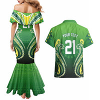 Custom Rugby Cook Islands Avaiki Couples Matching Mermaid Dress and Hawaiian Shirt Green Kuki Airani Tribal Maori Inspired - Polynesian Pride
