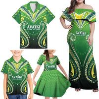 Custom Rugby Cook Islands Avaiki Family Matching Off Shoulder Maxi Dress and Hawaiian Shirt Green Kuki Airani Tribal Maori Inspired - Polynesian Pride