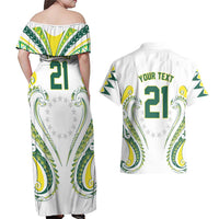 Custom Rugby Cook Islands Avaiki Couples Matching Off Shoulder Maxi Dress and Hawaiian Shirt White Kuki Airani Tribal Maori Inspired - Polynesian Pride