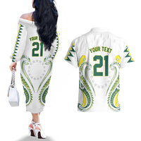 Custom Rugby Cook Islands Avaiki Couples Matching Off The Shoulder Long Sleeve Dress and Hawaiian Shirt White Kuki Airani Tribal Maori Inspired - Polynesian Pride