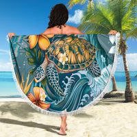 Sea Turtle In The Ocean Beach Blanket with Polynesian Pattern Arty Style