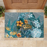 Sea Turtle In The Ocean Rubber Doormat with Polynesian Pattern Arty Style