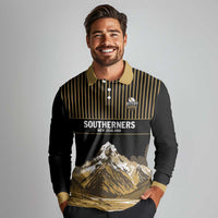 Custom Oceania Football NZ South Island Long Sleeve Polo Shirt Minimal Mount Cook Silhouette