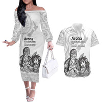 Aroha Maori Language Couples Matching Off The Shoulder Long Sleeve Dress and Hawaiian Shirt Te Reo Maori Inspired Art