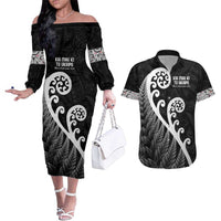 Kia Mau Ki To Ukaipo Couples Matching Off The Shoulder Long Sleeve Dress and Hawaiian Shirt Te Reo Maori Koru Fern Art