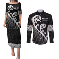 Kia Ora Maori Language Couples Matching Puletasi and Long Sleeve Button Shirt Te Reo Maori Koru Fern Art