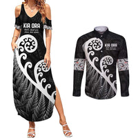Kia Ora Maori Language Couples Matching Summer Maxi Dress and Long Sleeve Button Shirt Te Reo Maori Koru Fern Art