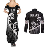 Kia Ora Maori Language Couples Matching Summer Maxi Dress and Long Sleeve Button Shirt Te Reo Maori Koru Fern Art