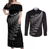 New Zealand Te Reo Māori Couples Matching Off Shoulder Maxi Dress and Long Sleeve Button Shirt Simple Black Fern