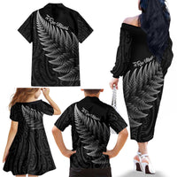 New Zealand Te Reo Māori Family Matching Off The Shoulder Long Sleeve Dress and Hawaiian Shirt Simple Black Fern