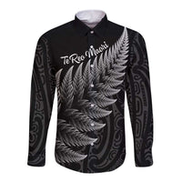 New Zealand Te Reo Mori Long Sleeve Button Shirt Simple Black Fern LT9 Unisex Black - Polynesian Pride
