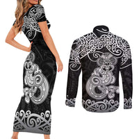 Te Reo Maori Tiki Inspired Art Couples Matching Short Sleeve Bodycon Dress and Long Sleeve Button Shirt