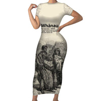 Whanau Maori Language Short Sleeve Bodycon Dress Te Reo Maori Inspired Art LT9 Long Dress Nude - Polynesian Pride