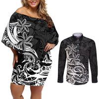 Polynesian Sunset Plumeria Couples Matching Off Shoulder Short Dress and Long Sleeve Button Shirts Pacific Island Tribal Black Style LT9 Black - Polynesian Pride
