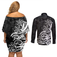 Polynesian Sunset Plumeria Couples Matching Off Shoulder Short Dress and Long Sleeve Button Shirts Pacific Island Tribal Black Style LT9 - Polynesian Pride