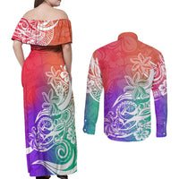 Polynesian Sunset Plumeria Couples Matching Off Shoulder Maxi Dress and Long Sleeve Button Shirts Pacific Island Tribal Blossom Style LT9 - Polynesian Pride