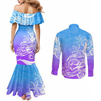 Polynesian Sunset Plumeria Couples Matching Mermaid Dress and Long Sleeve Button Shirts Pacific Island Tribal Blue Style LT9 - Polynesian Pride