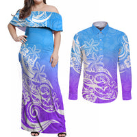 Polynesian Sunset Plumeria Couples Matching Off Shoulder Maxi Dress and Long Sleeve Button Shirts Pacific Island Tribal Blue Style LT9 Blue - Polynesian Pride
