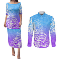 Polynesian Sunset Plumeria Couples Matching Puletasi Dress and Long Sleeve Button Shirts Pacific Island Tribal Blue Style LT9 Blue - Polynesian Pride