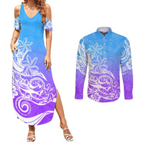 Polynesian Sunset Plumeria Couples Matching Summer Maxi Dress and Long Sleeve Button Shirts Pacific Island Tribal Blue Style LT9 Blue - Polynesian Pride