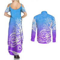 Polynesian Sunset Plumeria Couples Matching Summer Maxi Dress and Long Sleeve Button Shirts Pacific Island Tribal Blue Style LT9 - Polynesian Pride