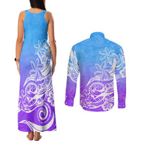 Polynesian Sunset Plumeria Couples Matching Tank Maxi Dress and Long Sleeve Button Shirts Pacific Island Tribal Blue Style LT9 - Polynesian Pride